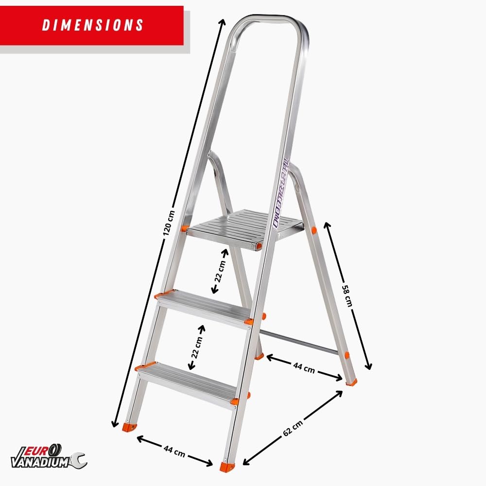 Escabeau 3 Marches, Pliable en Aluminium - Marche Pied Pliable, Léger 3,3 kg et Robuste, Charge 150 kg - Plateforme de Travail Antidérapante et Large, 3ème Hauteur à 58 cm