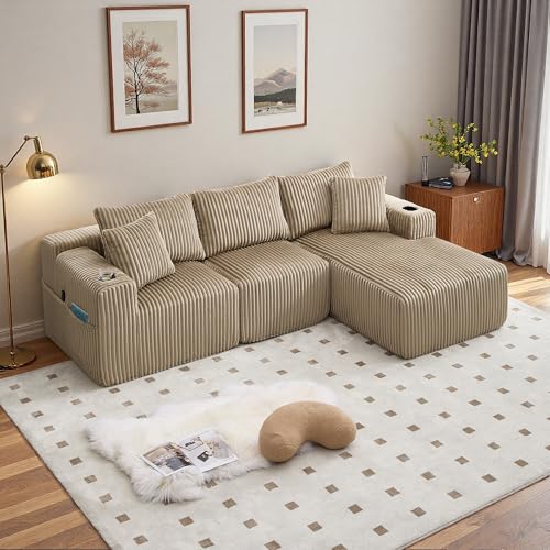 Wyibwy Sofá modular de 3 plazas con bolsillos laterales y portavasos, sofá esquinero en forma de L con chaise longue y 2 plazas, sofá modular con 5 cojines, sofás de compresión, terciopelo acanalado