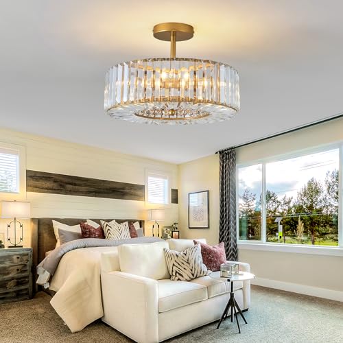 Piepooye 4 Lights Modern Crystal Chandelier Gold Round Semi Flush Mount Ceiling Light Fixture Farmhouse Chandelier For Dinning Room Living Room Bedroom Hallway Entryway Kitchen thumb #7