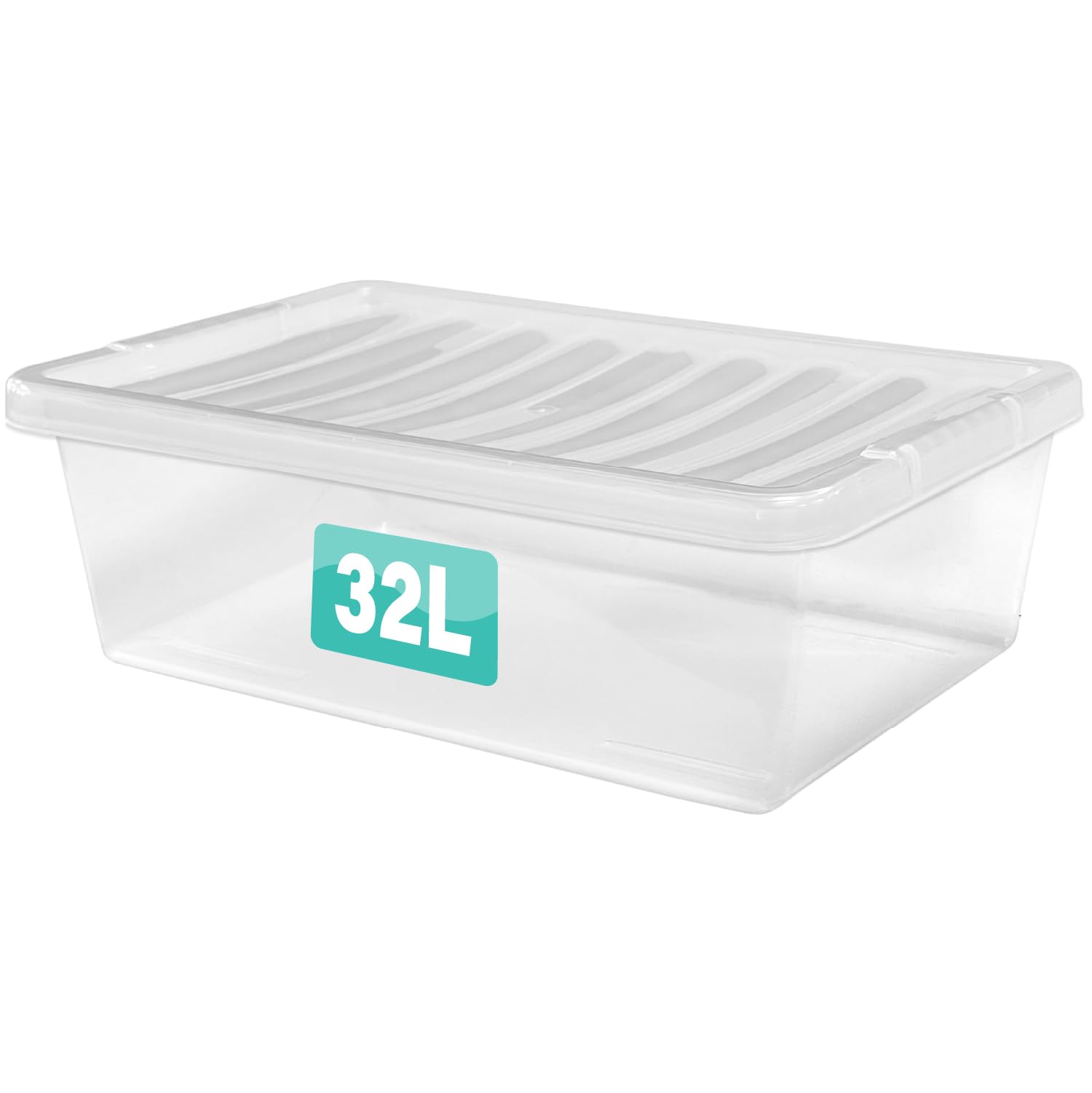 5 x 32 Litre Underbed Clear Plastic Storage Box With Lids UK BRITISH MADE Home Office Stackable Nestable Transparent Plastic Boxes, Size 5,11,24,28,35,45,62 Litre (5 Boxes, 32 Litre Underbed)
