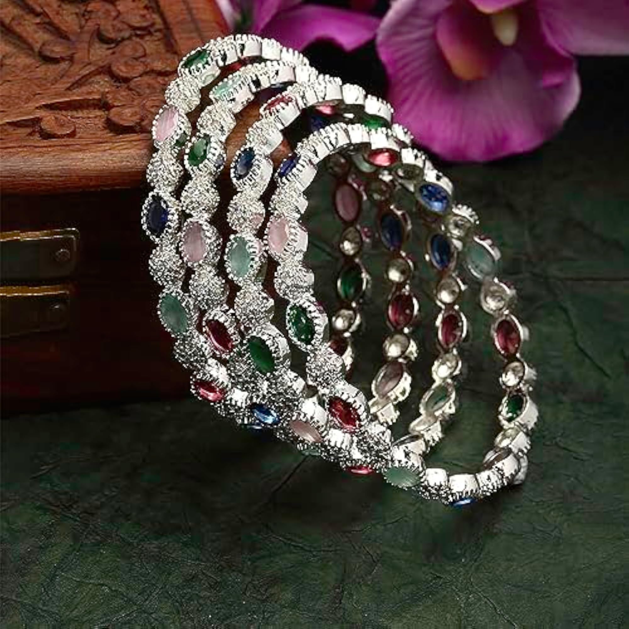 Rhodium-Plated American Diamond Bangles Set of 4 (2.6)