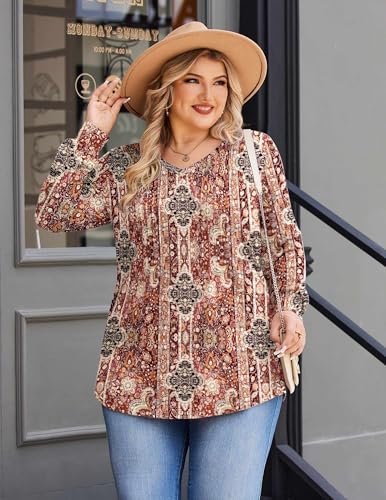 Image of IN'VOLAND Womens Plus Size Shirts V Neck Puff Long Sleeve Tops | Loose Fit, Dressy Casual Blouse, Pleated, Fall Outfits, Business Work TShirts, Basic Tees