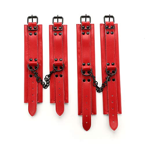 EXREIZST 4 Premium Soft Leather Cuffs Adjustable Leather Straps for Hand and Wrist and Ankle Adjustable Indoor Home Gyms Aid Training Tools Set, Red