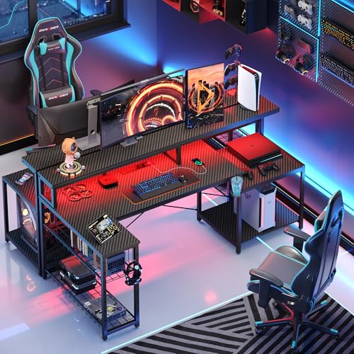 Bestier 181CM L-Shaped Gaming Desk with RGB LED Lights, Power Outlets, USB Ports, Carbon Fibre Surface, Monitor Stand, Storage Shelf, Cup Holder & Headset Hook - Image 6