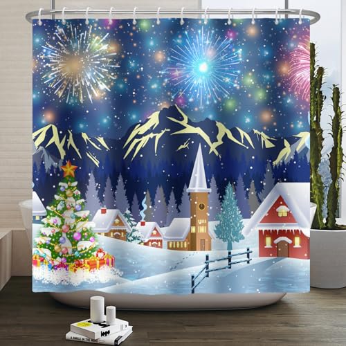 Kzzfqxb 183x183cm Cortinas de Ducha con Ganchos plástico, Navidad Año Nuevo magníficos Fuegos Artificiales en Pueblo de Nieve Tela de poliéster Impermeable para bañera, Decoración Festiva para baño