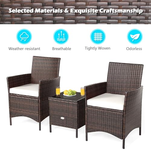 HAPPYGRILL 3 Pieces Rattan Patio Bistro Set, PE Wicker Furniture Set Outdoor Conversation Set with Coffee Table & Soft Cushions Porch Furniture Set for Garden Lawn Poolside Backyard - Image 5