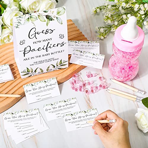 Image of Roowest 512 Pcs Baby Shower Games Guess How Many Pacifiers Sign 100 Small Guessing Games 10 HB Pencils 750ml Milk Bottle 400 Acrylic Pacifiers Decoration for Guest Gender Reveal(Pink,Plant)