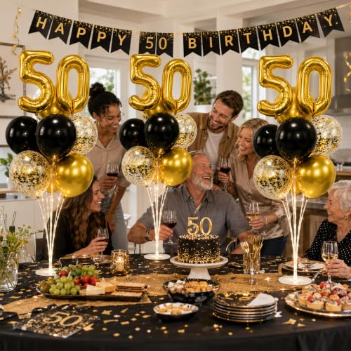 Image of 6 Set 50th Birthday Party Balloon Table Centerpieces with LED Light up