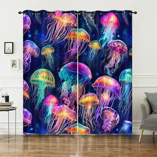 AILONEN Jellyfish Window Curtain,Ocean Animal Colorful Window Drapes for Toddler Kids Teens,Ocean Jellyfish Aesthetic Window Treatment Drapes for Bedroom Living Room Decor, 42