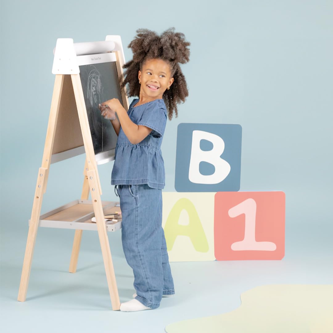 Woet® Caballete de Juguete Blanco y Gris de Madera para Niños - Pizarra Doble Todo en Uno - Dibujo y Juego Creativo - A Partir de 3 Años
