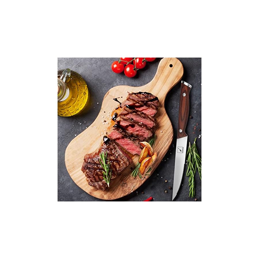 imarku Steak Knives, Serrated Steak knives Set of 8, Japanese HC Steel Knife Set, Premium Serrated Carbon Stainless Steel Steak Knife with Gift Box,9 Inches/Piece