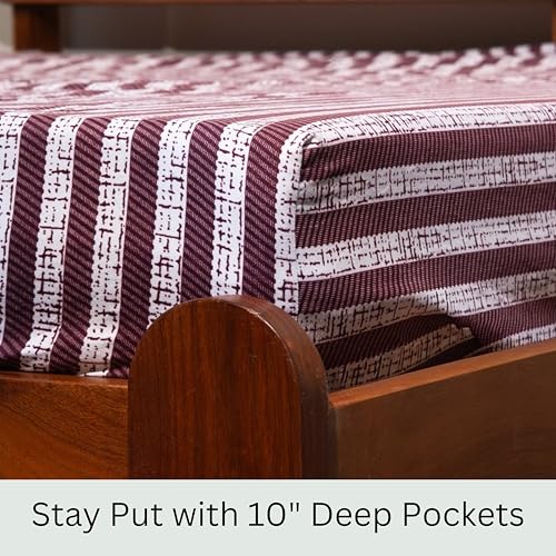 Image of Amazon Brand - Umi Cotton Fitted Bedsheet, Queen Size 78x60 Inches, Elastic Fit Bed Sheet, 10 Inch Deep Pocket, Soft Breathable Bedding, Durable Easy Care, with Pillow Cover-Marron Stripe