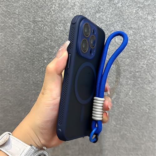 Étui de chargement sans fil magnétique bleu marine avec dragonne pour iPhone 16 Pro Max