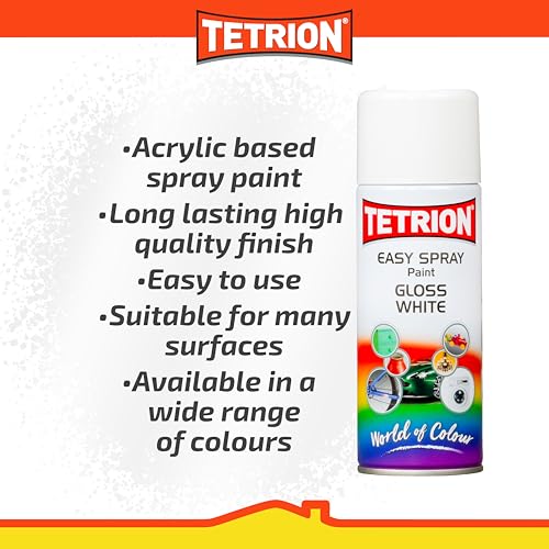 Image of Tetrion Easy Spray Paint - Gloss White, 400ml - Acrylic Spray for Wood, Metal, Plastic & More Use with Hi-Build Primer for Long-Lasting Finish, Indoor & Outdoor Use, 13.5 Oz