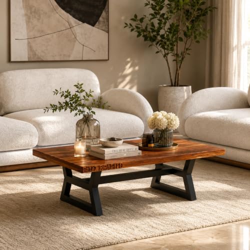 Image of Solid Sheesham Wood Coffee Table | Black Metal Frame