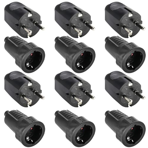 Juego de 6 pares de enchufes y enchufes Schuko: toma de seguridad 250 V 16 A IP54, conjunto de enchufe y enchufe bipolar de goma, enchufe Schuko impermeable adecuado para uso en exteriores, negro
