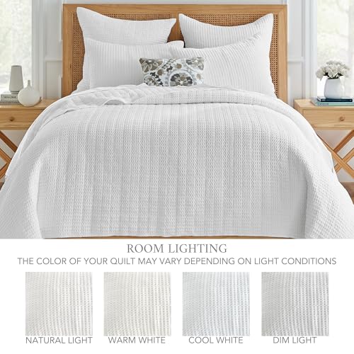 Image of Levtex Home Mills Waffle King Bedspread Set (120x104in) with 2 Pillow Shams (36x20in) - Bright White - Cotton King Size Bedspread Set - Soft, Pre-Washed
