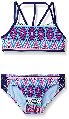 Gossip Girl Big Girls' Stripe Fusion Two Piece Bikini Swimsuit, Navy/Pink, 16