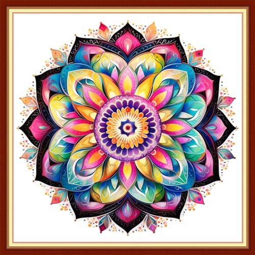 Image of Redxing Stamped Cross Stitch Kits Full Range of Embroidery Starter Kits- Needlepoint Counted Cross Stitch Kits for Beginner Adults 11CT Printed Embroidery Kit-Colorful Mandala 18x18 inch