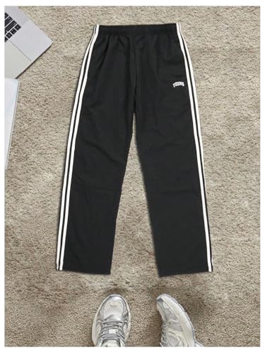 GORGLITTER Men's Letter Print Striped Baggy Workout Sweatpants Straight Leg Elastic Waist Track Trousers4