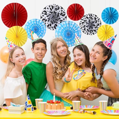 Image of Outus 9 Pcs Cartoon Story Party Paper Fans Blue Sky White Clouds and Cow Print Hanging Decorations Red Yellow Blue Paper Fans Hanging Ceiling Wall Decors for Birthday Baby Shower Party Supplies