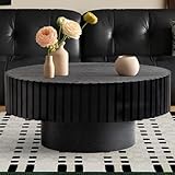 RUYICZB Round Fluted Wood Coffee Table Modern Handcraft Drum Coffee Tables Farmhouse Pedestal Tea Table Contemporary Circle Center Tables for Living Room Apartment,Black Round