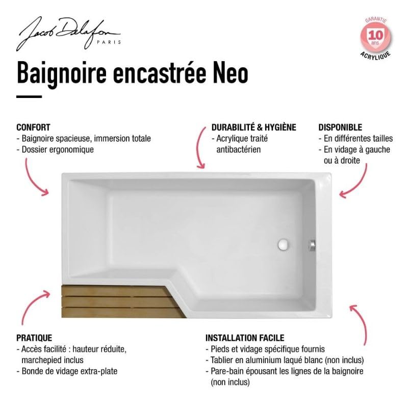 Baignoire bain douche 160 x 90 cm JACOB DELAFON Neo blanc mat droite