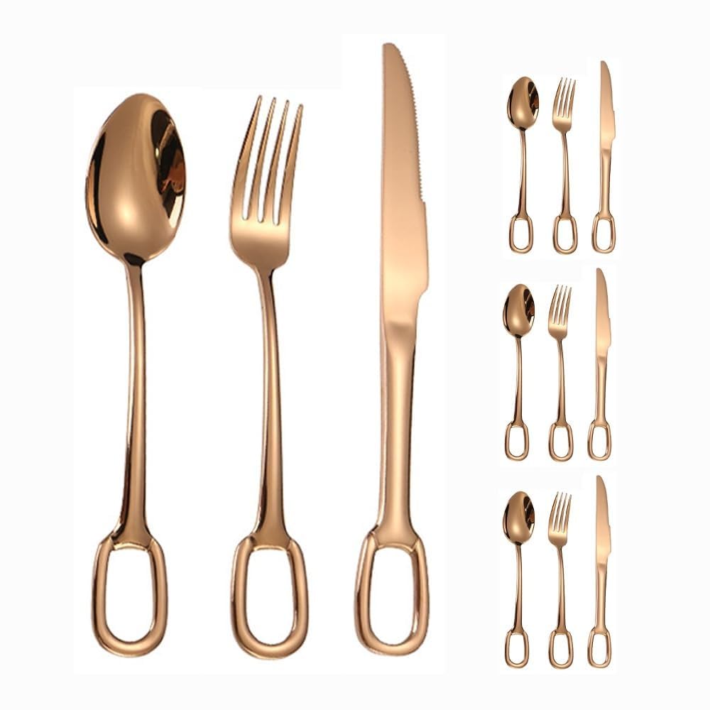 Cucina Circolare Appeso Foro Manico Acciaio Inox Argenteria Stoviglie Posate Set Bistecca Coltello Forchetta Cucchiaio Tè (Oro rosa,12 pezzi)