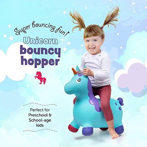 Hoovy Inflatable Bouncy Unicorn with Pump | Bouncing Unicorn Ride on Toy for Kids | Unicorn Jumping Hopper Gift for Toddlers & Children | Portable & Travel Friendly (Blue)