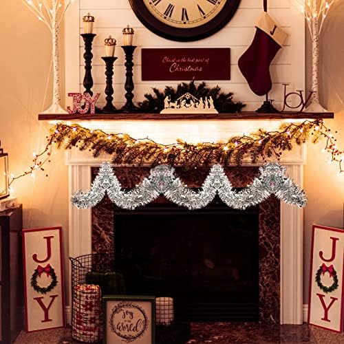 ESINO 6m Christmas Tinsel Garland, Silver Christmas Tinsel, Tinsel Tree Garland, Xmas Tinsel Garland, Tinsel Decorations for Christmas Party Supplies Indoor Outdoor Decorations