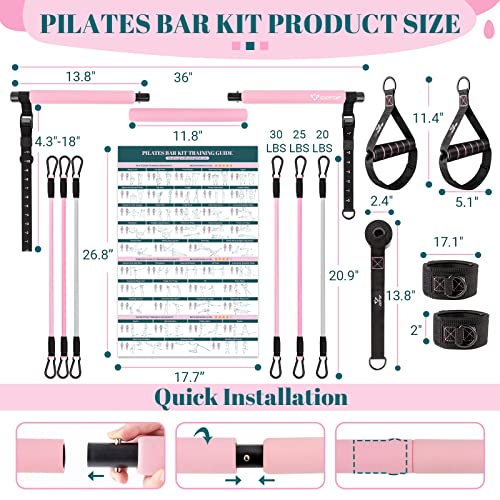 Pilates Bar Kit With Resistance Bands, Multifunctional Yoga Pilates Bar With Heavy-Duty Metal Adjustment Buckle, Portable Home Gym Pilates Resistance Bar For Women Full Body Workouts(20-150Lbs)-Pink #TOP3