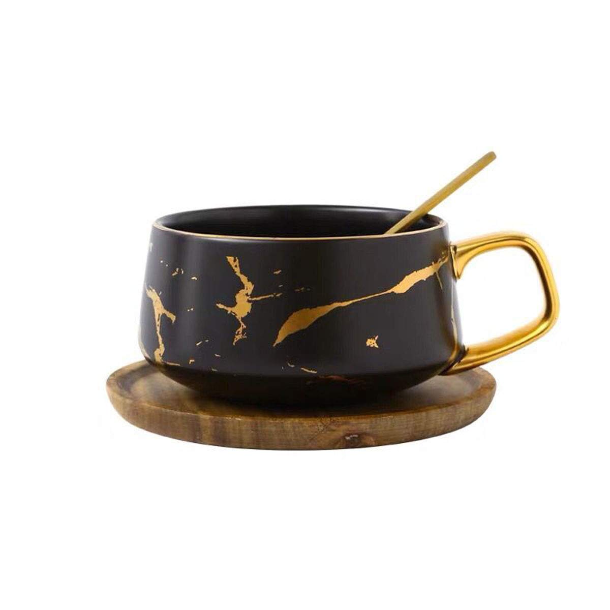 YBK Tech Porcelain Tea Cup Coffee Mug Set for Afternoon Tea - Marble Pattern (Black, Short 300ml + Wood Saucer)