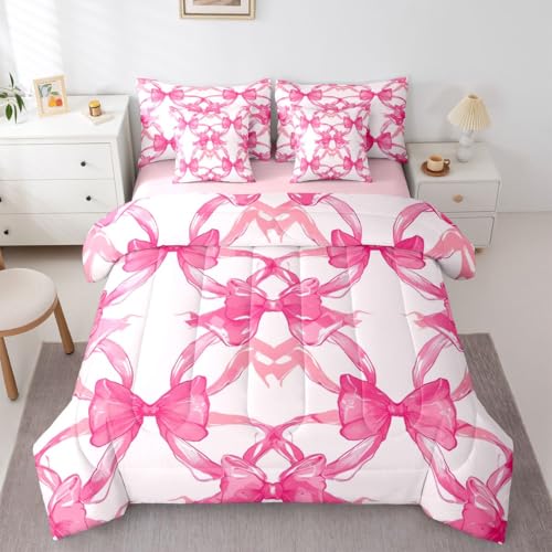 Image of Pink Bow Comforter Set 7 Piece Bed in a Bag Twin | Kawaii Ribbon Bowknot Bedding Sets Princess Bow Comforter and Sheet Set, Kawaii Bow Tie Bed Sets,Pink Decor for Bedroom