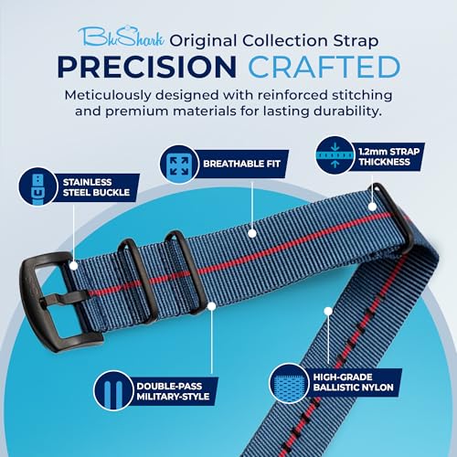 Image of BluShark - Original Collection Military-Style Waterproof Watch Strap, Fits All Timepiece Brands, Durable Nylon Wristwatch Accessories with Stainless Steel Buckle - 18mm, 20mm, 22mm & 24mm Watch Bands