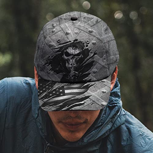 Image of Skull Baseball Cap for Men, Grim Reaper Death Crack Old Metal with Flag, Men's Hat, Adjustable Motorcycle Soft Caps