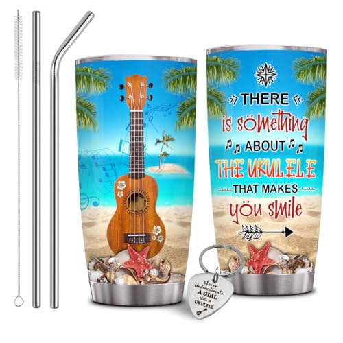 OLDCHI 3 Pcs Ukulele Gift Set, 20 oz ukulele tumbler with straw brush lid keychain Music Enthusiasts, Cute Musical Instrument Lover Gifts For Girls Hawaii Tropical Beach, Summer