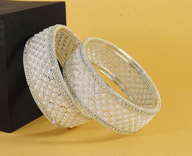 Traditional Metal with White Moti Pearls Designer Kada Bangles Set For Women - Set of 2 by The Great Indian Store2