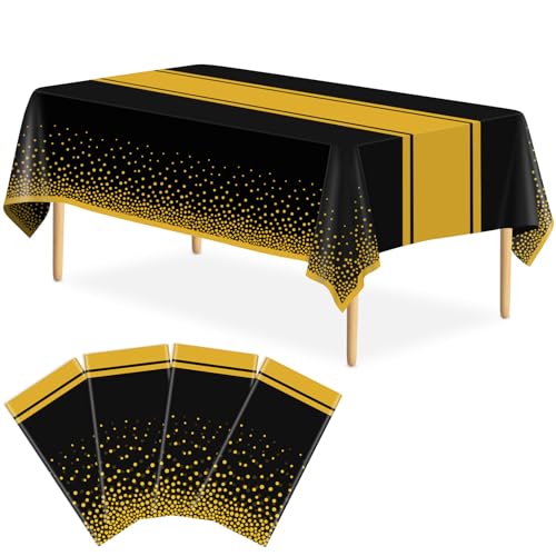 Image of 4 Pack Black and Gold Tablecloth Party Decorations Plastic Black Tablecloth Printed Gold Table Runner 54 x108 Inch Disposable Rectangle Table Cover for Birthday Wedding Graduation Anniversary