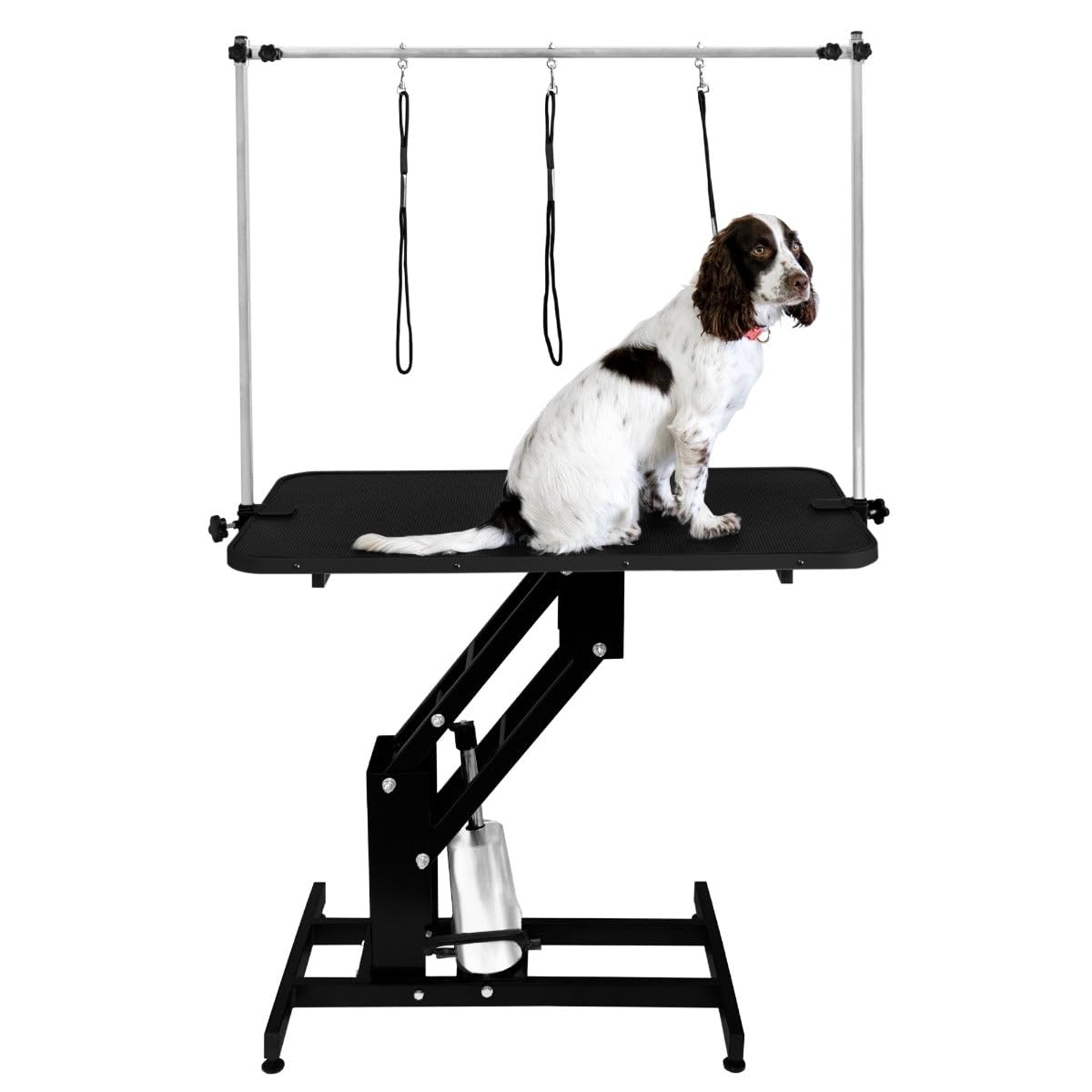 Table Toilettage Hydraulique - Cadre Acier Noir Robuste & Plateau Antidérapant Noir 106 x 61cm - Hauteur 55 à 100cm - Capacité 180 kg - Toilettage Chien Animaux Professionnel.[3 Sangles INCLUSES]