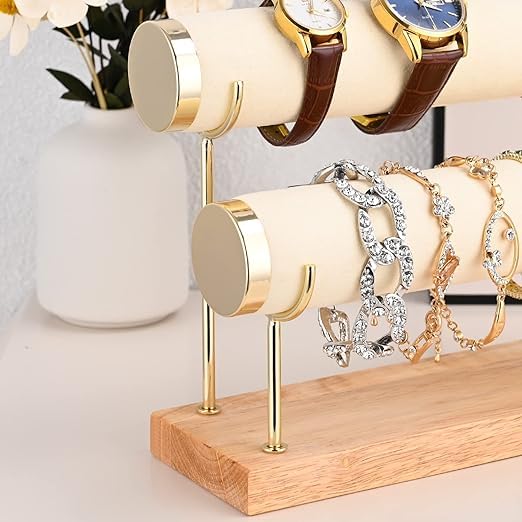 Image of Wooden Metal 2 Roll Cream Gold Metal Chrome Finished Wooden Jewellery Display Stand