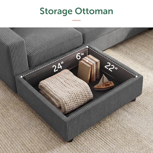 Image of HONBAY 7 Seaters U Shape Corduroy Sectional Sofa for Living Room, Dark Grey | 7 Seaters Sofa with Storage,U Shaped Sofa,Removable Covers