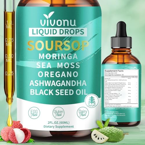 10-in-1 Soursop Bitters Liquid Drops 3000mg, Soursop Drops with Ashwagandha, Black Seed Oil, Moringa, See Moss for Natural Antioxidant, Cell Support & Regeneration, Immune Boost, Rich In Vitamin D& C