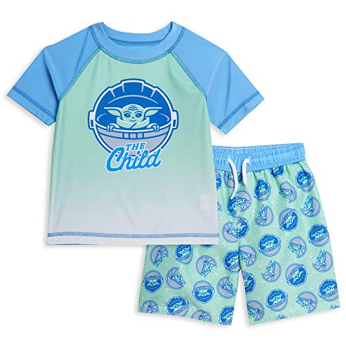 STAR WARS The Mandalorian Baby Yoda Toddler Boys Rash Guard Swim Trunks Set Blue/Green 5T