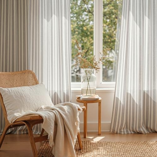 Image of MYSKY HOME Striped Curtains 63 Inches Long 63 Inches Long Linen Blended Black Ticking Stripe Pinstripe Curtains for Bedroom Patterned Light Filtering Drapes, Grommet, 2 Panels, 52 inch Wide