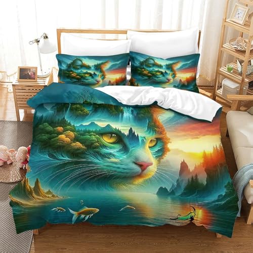 3 Piezas Conjunto Funda Nórdica 3D Gato Lindo, Juego de Cama con 2 Fundas de Almohada, Microfibra Suave Antialérgica, Decorativo Dormitorio, para Niño Adolescente, Double (200x200cm)