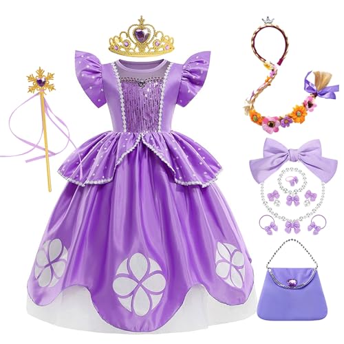 New front Niña Princesa Sofía Vestido Princesa de Malla de Manga Corta Disfraz con Accesorios Cumpleaño Cosplay Halloween Carnaval Navidad Fiesta Trajes elegantes,Morado,100