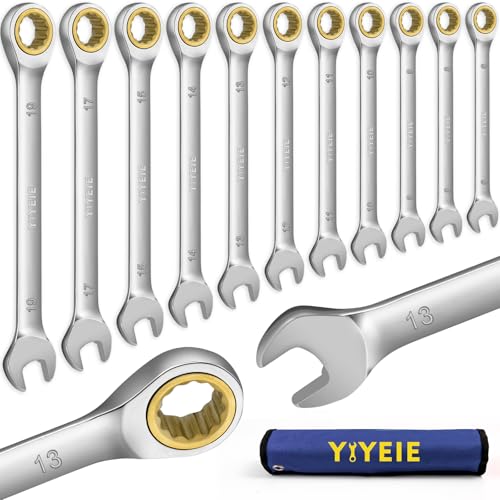 YIYEIE 11pc Ratchet Spanner Set 72-Tooth Gold Ratcheting Combination Wrenches Box & Open End Cr-V Steel for Bike Car Home DIY Metric 6/8/10/12/13/14/15/16/17/18/19 mm