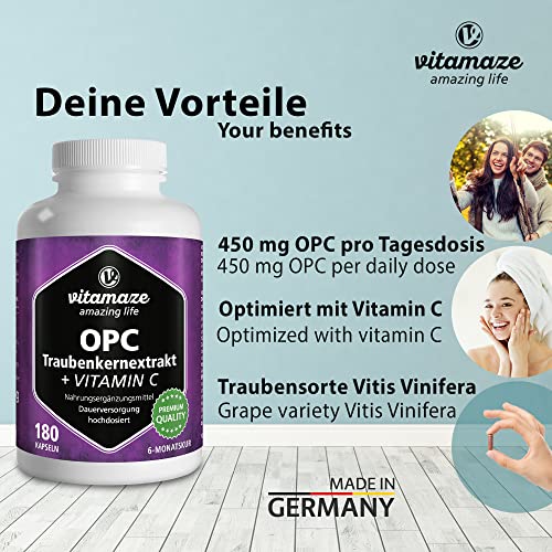 OPC Traubenkernextrakt Kapseln, zertifiziert, hochdosiert: 450 mg reines OPC, 180 Kapseln für 6 Monate, Natürliche Nahrungsergänzung ohne Zusätze, Made in Germany