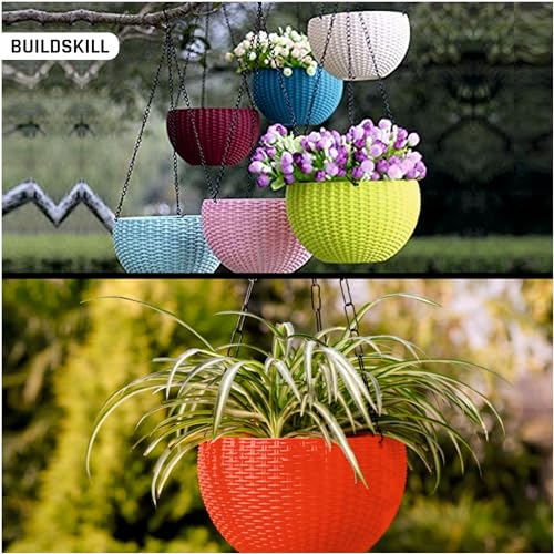 BUILDSKILL Euro Hanging Pots for Plants - Durable Plastic 7 Flower Pot with Drain Holes, Lightweight, UV-Resistant for Indoor & Outdoor Gardening, Balcony, Patio (Set of 6)