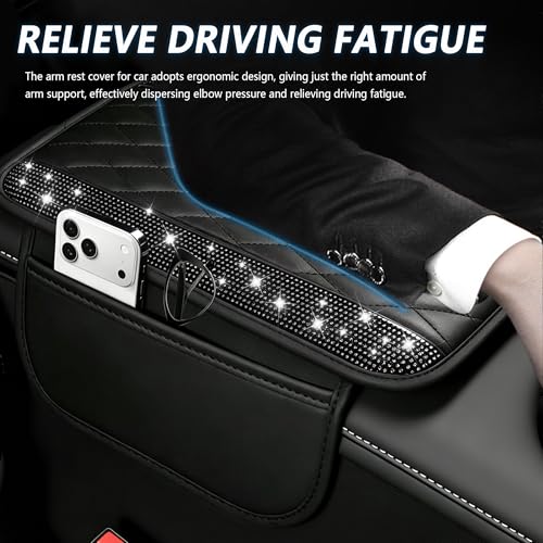 Image of Stacool Upgraded Car Center Console Cover with Rhinestones,Microfiber Leather Car Armrest Cover Cushion with 2 Storage Bags,Universal Cars Armrest Storage Box as Cars Interior Accessories